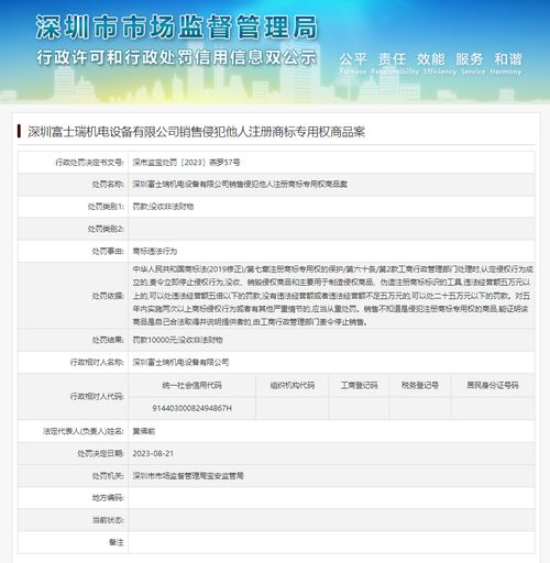 銷售侵犯他人注冊商標(biāo)專用權(quán)商品 深圳富士瑞機(jī)電設(shè)備被罰
